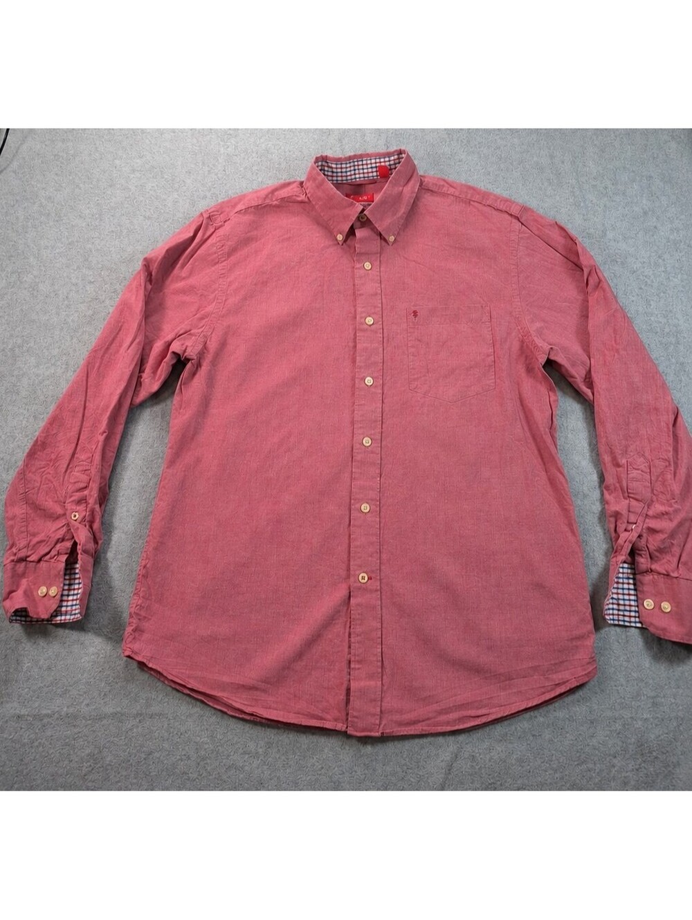 IZOD Men’s Medium Coral Red Long Sleeve Button Down Shirt Plaid Trim
